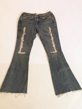 True Religion Distressed Flare Jeans - Blue Denim